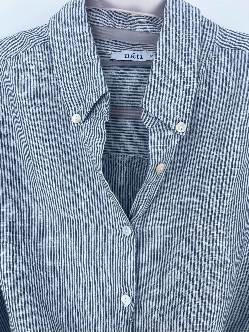 NATI Relaxed Button-Down Shirt in Gray blue /White Stripe Linen oversized shirt